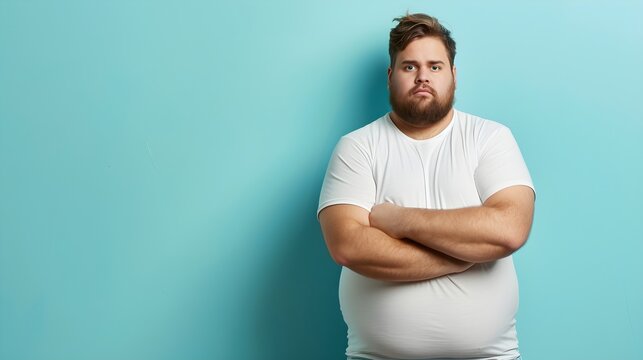 Portrait of a fat man wearing a white t-shirt with arms crossed.