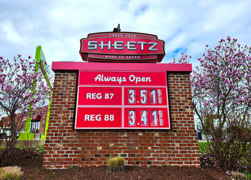 Sign with gas prices posted at a  Sheetz gas station, Manassas, Virginia, USA	