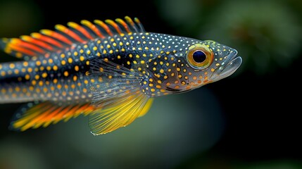   A tight shot of a fish featuring orange and yellow speckles against a black backdrop, encircled by emerald foliage