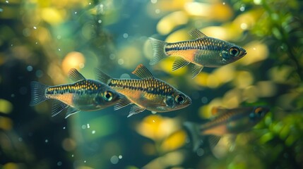   A group of fish swim together in a vibrant aquarium, adorned with small yellow and green plants