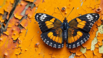 Obraz premium A black-and-yellow butterfly perches on a yellow and orange surface with peeling paint