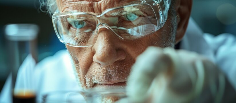 A senior doctor scientist in a white lab coat and safety glasses carefully examines a substance in a glass container.