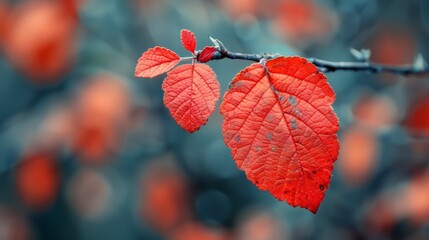   A branch bearing two red leaves against a softly blurred backdrop of reddish foliage on a tree's branches