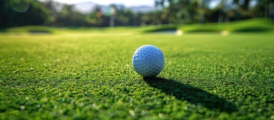 A golf ball rests atop a lush green field, under the bright sunlight.