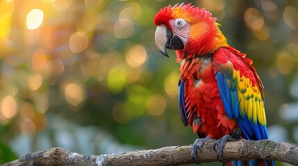   A vibrant parrot perches on a branch against a hazy backdrop of green and yellow foliage