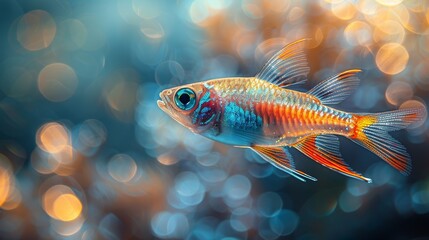   A tight shot of a fish against backdrop of indistinct lights and an unclear image in the foreground - obrazy, fototapety, plakaty