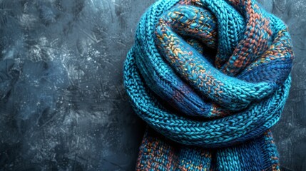   A blue-orange knitted scarf sits atop a black table, near a gray wall and a black wall - obrazy, fototapety, plakaty