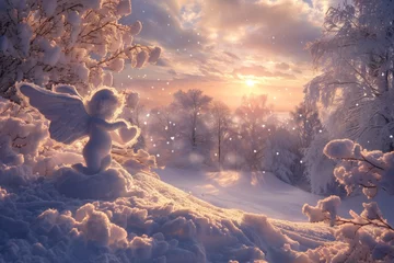 Keuken spatwand met foto A snow angel is sitting on a snow covered hillside © mila103