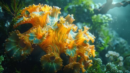   A tight shot of a sea anemone, its petals speckled with water droplets, adjacent to a tree branch in the backdrop