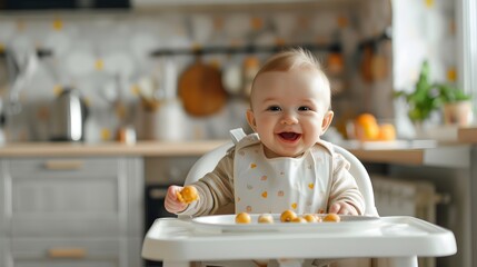 A happy newborn child baby enjoying eating a meal in the kitchen at the home.
