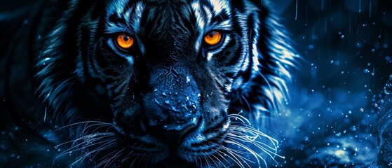   A tight shot of a tiger's face, eyes boldly orange, against a dark backdrop scattered with snowflakes - obrazy, fototapety, plakaty