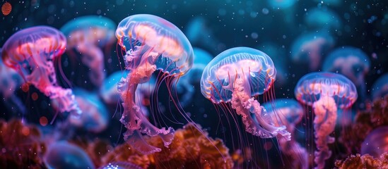 A collection of jellyfish, including pink ones, gracefully swimming in an aquarium exhibit.