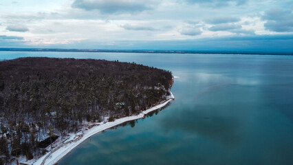 Drone shot of Old Mission Peninsula on Lake Michigan in winter