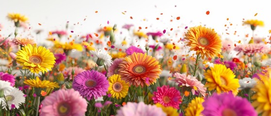   A field filled with colorful flowers against a backdrop of a blue sky A pristine white cloudless sky dominates the picture's midsection - obrazy, fototapety, plakaty
