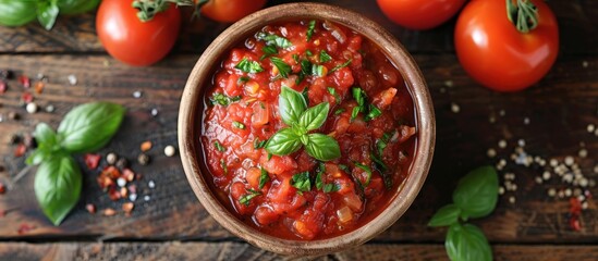 A wooden bowl filled with ripe red tomatoes and fragrant basil leaves, ingredients for a delicious traditional dish. - obrazy, fototapety, plakaty