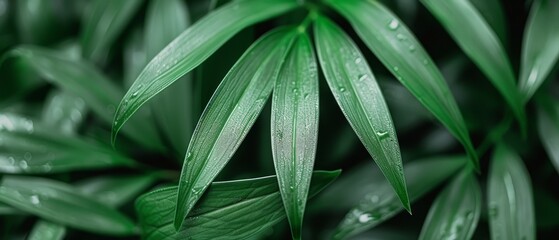   A tight shot of a green plant with dewdrops on its leaves and an indistinct backdrop