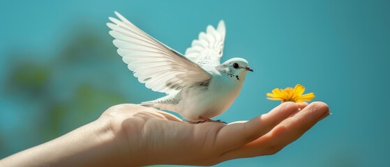   A hand cradles a small white bird against a backdrop of a blue sky, the palm holding a yellow flower
