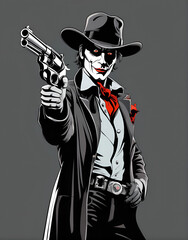 Artwork of a clown with a revolver