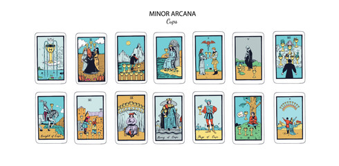 Tarot cards vector deck . Minor Arcana Cups set. Occult esoteric spiritual Tarot Ace, King, Queen, Knight, Page, Two through Ten signs. Isolated colored hand drawn illustrations
