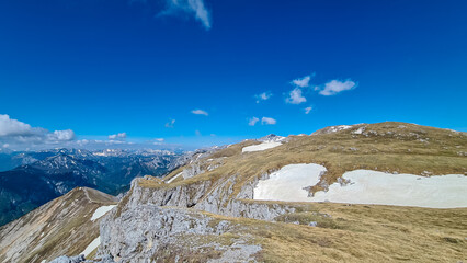 Panoramic view of majestic mount Hochschwab seen from mountain summit Foelzstein, Hochschwab...