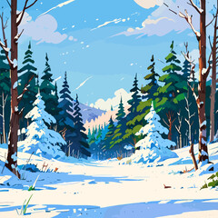 Vector graphic of a snowy forest background, capturing the beauty of a winter wonderland