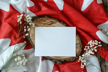 A serene mockup scene with a blank white card resting on a wooden slice, framed by the Canadian flag and delicate baby's breath flowers on a textured surface