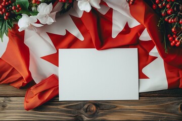 An elegant mockup featuring a blank white card surrounded by Canadian flag drapery and vibrant holly berries on a wooden surface