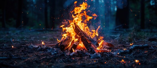 A vibrant hot and luminous camping fire burning fiercely in the midst of a dense forest, surrounded by trees and undergrowth.