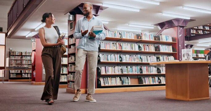 Talking, book or students walking in library for university education at college or school campus. Teamwork, learning or people with scholarship studying knowledge, research project or information