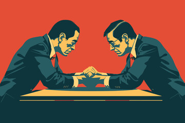 Two businessmen engaged in intense arm wrestling competition on table, showcasing strength, power, determination and rivalry in business - obrazy, fototapety, plakaty