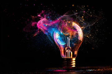 A light bulb exploding, vibrant colors against a black background, symbolizing creativity and innovation in digital marketing.