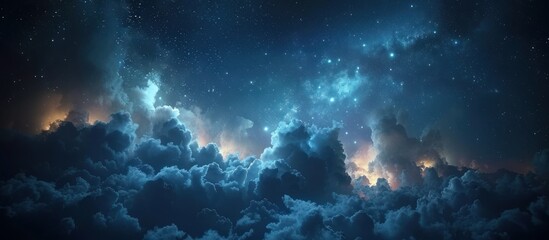 A vast night sky filled with thick clouds and twinkling stars, creating a dramatic and mysterious atmosphere. - obrazy, fototapety, plakaty