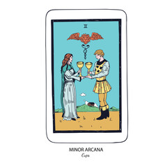 Tarot card vector deck . Minor Arcana Cups . Occult esoteric spiritual Tarot. Isolated colored hand drawn illustrations
