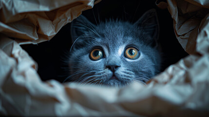 Cute cat looking out from a paper bag