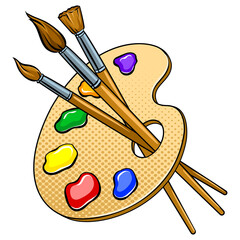 Palette with paints and brushes pop art PNG