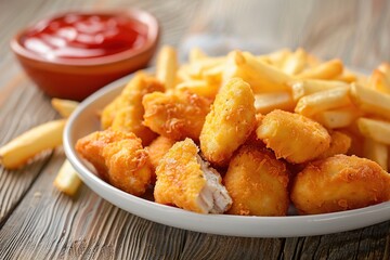 Chicken nuggets with french fries.
