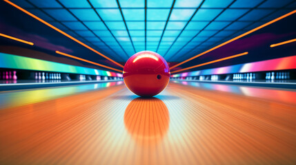 A bowling ball midway down the lane, its colors a stark contrast against the pins at the end. - obrazy, fototapety, plakaty