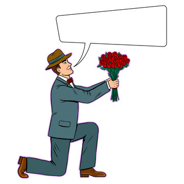 Man gives flowers bouquet pop art PNG