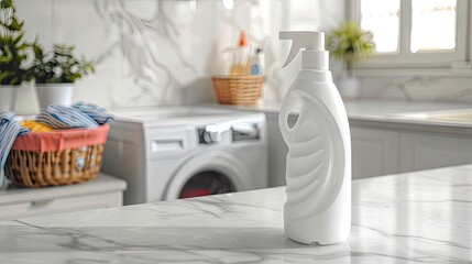 sleek bottle on a pristine white marble counter, framed by a colorful laundry basket and a washing machine in the background.