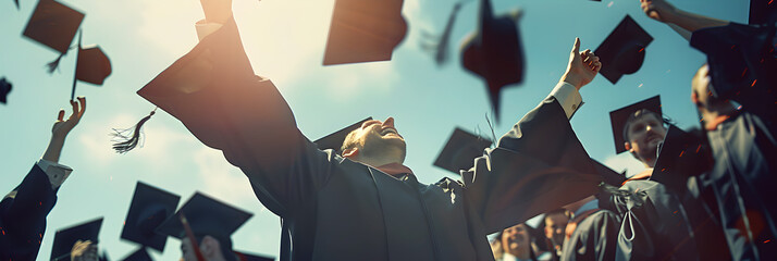 Group of happy graduates celebrating their graduation moments by throwing their caps in air, caps in the air proud moment - obrazy, fototapety, plakaty