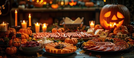 A table adorned with Halloween-themed decorations, including candles, and a wide array of delicious food spread out, awaiting eager children.