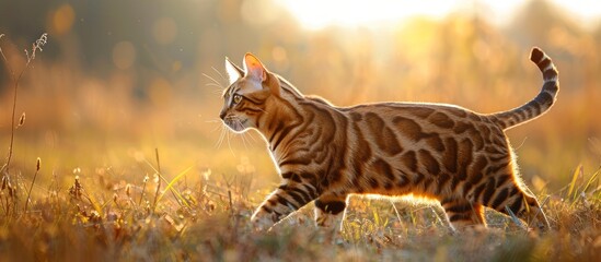 Fototapeta premium A Bengal cat confidently walks through a field of tall grass, one leg raised mid-step.