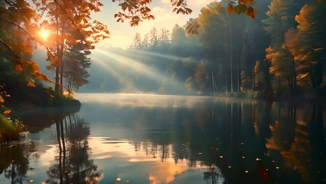 Serene lakeside at dawn, mist rising, gentle sun rays, autumn, soft natural light