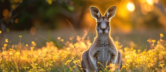 Fotobehang A kangaroo sitting in a field of yellow flowers, facing the camera. © FryArt Studio