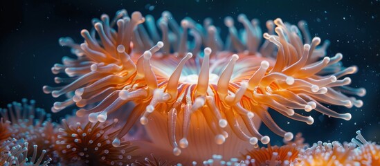 Close-up of a vibrant orange and white sea anemone floating in the water.