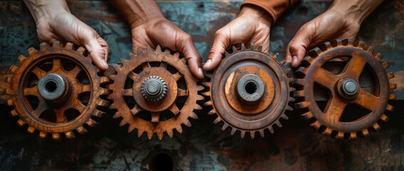 The person is holding a row of rusty gears, which are components used in automotive tire, rim, and wheel systems. Gears are also found in bicycles, machines, and other engineering applications - Powered by Adobe