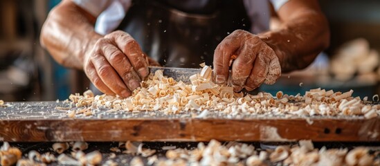 A man is using a knife to cut a piece of wood, showing his hands and the carving process in action. - Powered by Adobe