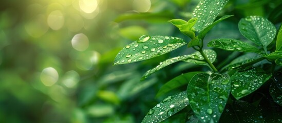 A detailed view of a pepper elder plant showcasing water droplets on its leaves and stems. - obrazy, fototapety, plakaty