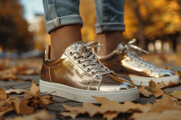 Women with gold sneakers.