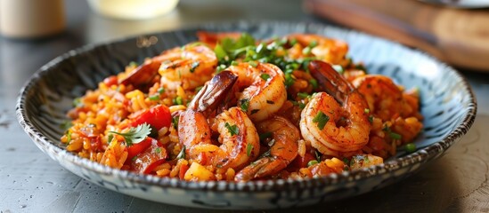 A bowl filled with Cajun jambalaya - a mix of rice, shrimp, and seasonings - placed on a wooden...